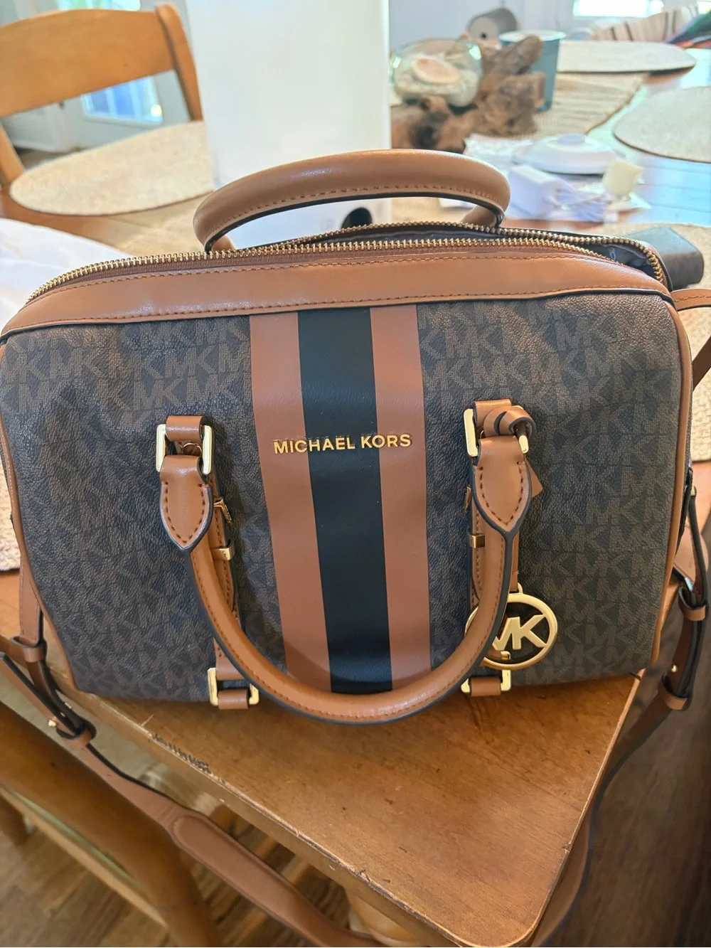 Michael Kors Brown and Black Signature Stripe bag with matching wallet